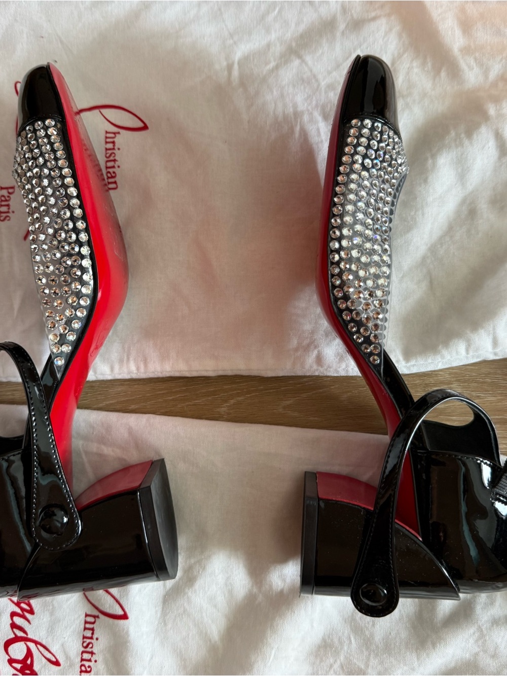 Christian Louboutin Black Patent Crystal-Trim Slingback Heels - Picture 6 of 7